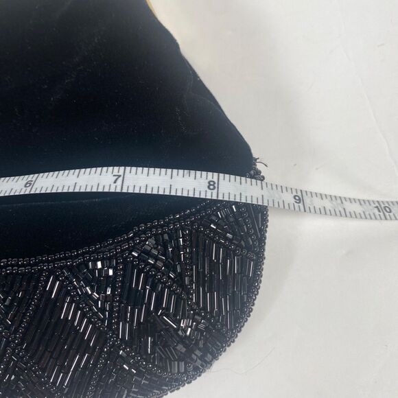 Vintage Handmade Black Velour Beaded Evening Bag Kiss Lock Purse Gold Chain - Picture 6 of 11